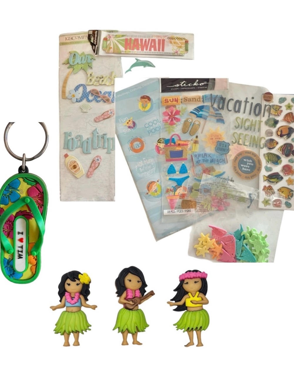Tropical Hawaii Scrapbook Craft Bundle Hula Girl Stickers Keychain Beach Lot